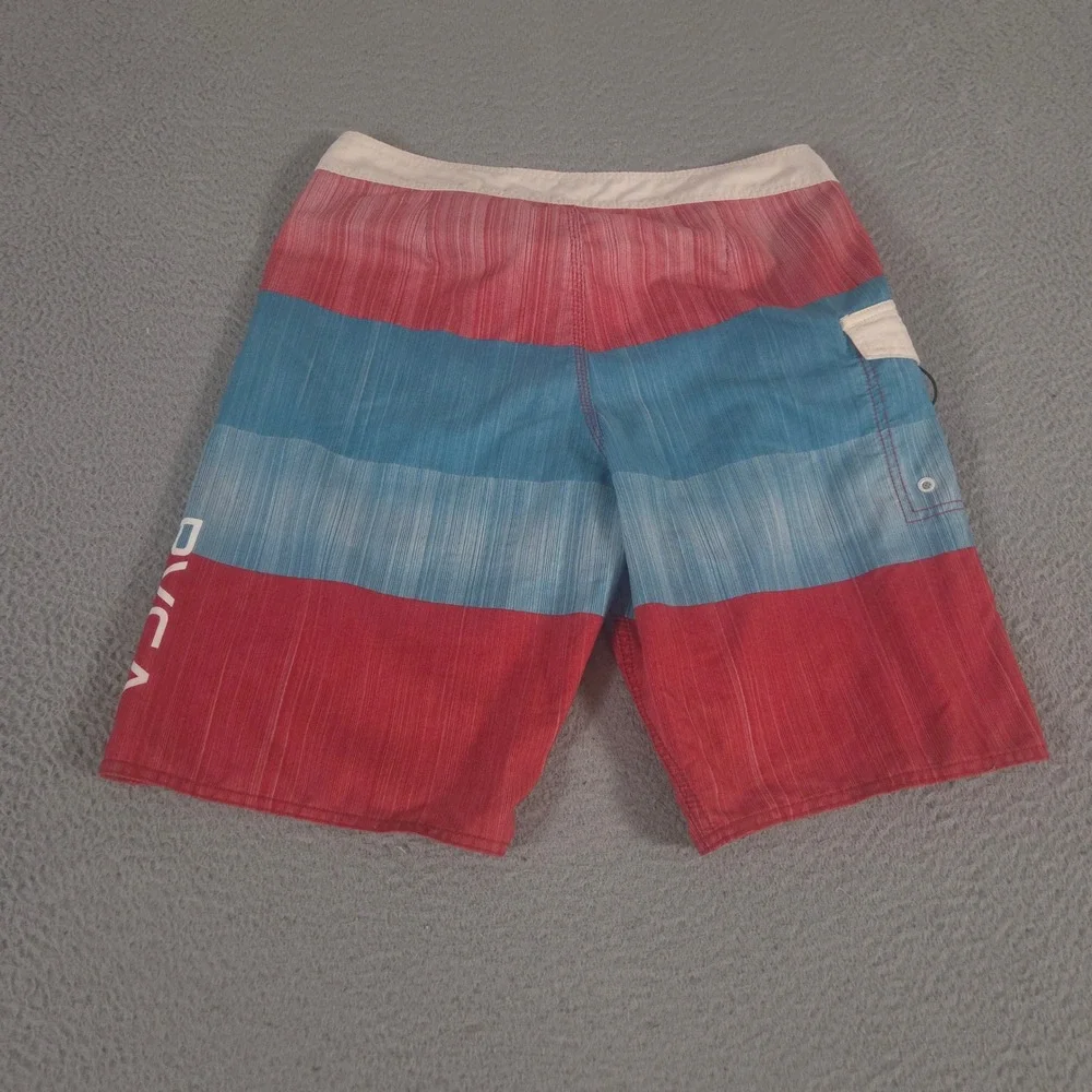 RVCA Shorts Mens 33 Red Blue Striped Board Classic Non-Stretch Pocket Swim Trunk